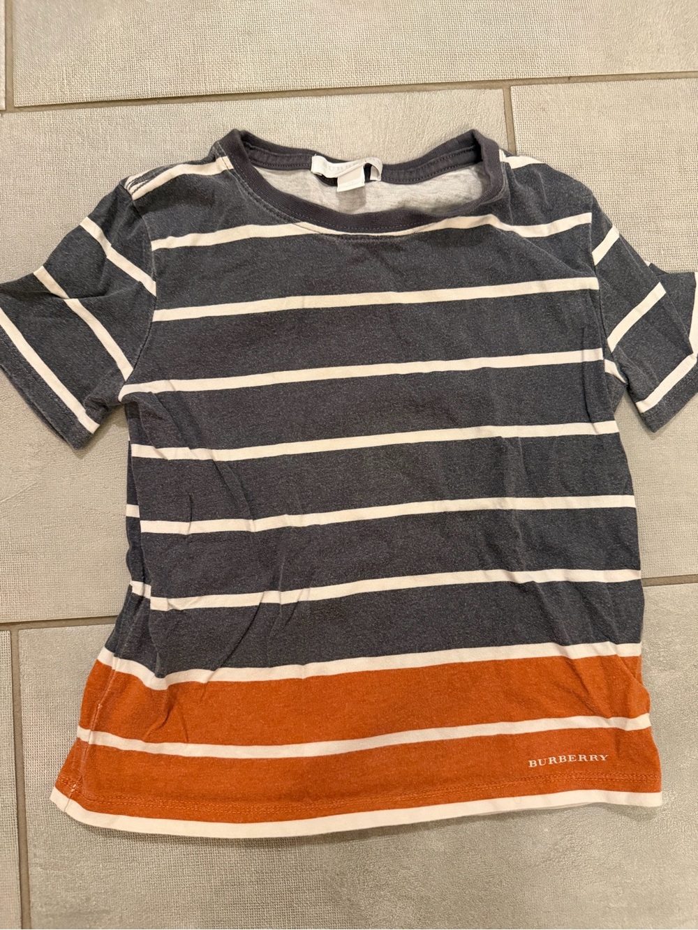 Burberry Kids Navy, White & Orange Striped Short Sleeve Tee size 4 years
